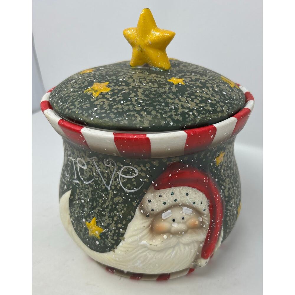 Huntington Holiday Treat Jar Santa Believe Hand Painted Ceramic Cookie Jar‎